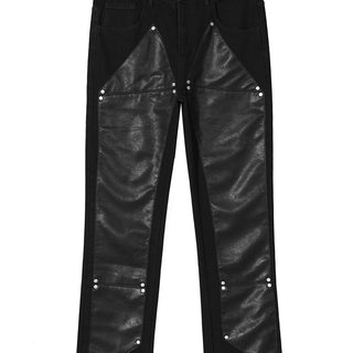 Straight Leg Leather Patchwork Jeans